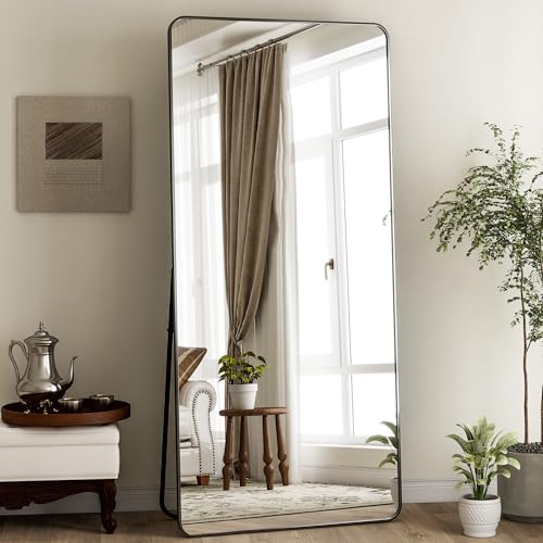 BEAUTYPEAK 76" x 34" Rounded Corner Full Length Mirror with Stand, Black | Aluminum Alloy Frame with Standing, Leaning, or Wall-Mounted, Ideal for Bedroom, Dressing Room, Entryway, and Living Room - color: Black, size: 76"L x 34"W
