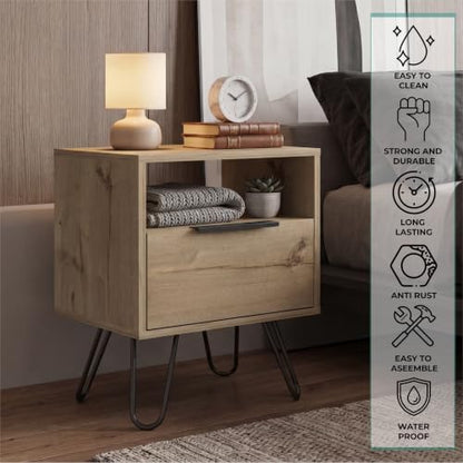 Tuhome Augusta Nightstand, Small Night Stand with Storage Drawer & Open Shelf, 22.2" Tall Narrow Bedside Table on Metal Hairpin Legs, Engineered Wood, Black or Light Oak - color: Light Oak