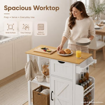 Small Kitchen Island Cart with Storage Cabinet | Rolling Microwave Table with Adjustable Shelf, Spice Rack, Towel Rack, Drawer, Portable for Kitchen Dining Room Home Bar