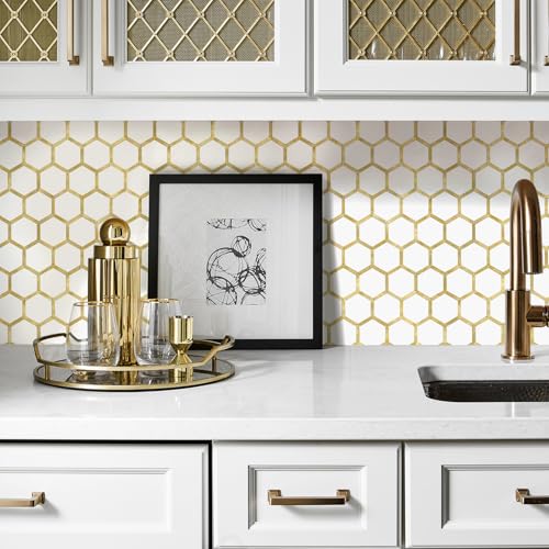 STICKGOO Hexagon Peel and Stick Backsplash Tile, Stick on Backsplash for Kitchen and Bathroom, Pure White PVC Mixed Metal Gold Self Adhesive Wall Tiles(10 Sheets, Seamless) - color: Pure White with Metal Gold