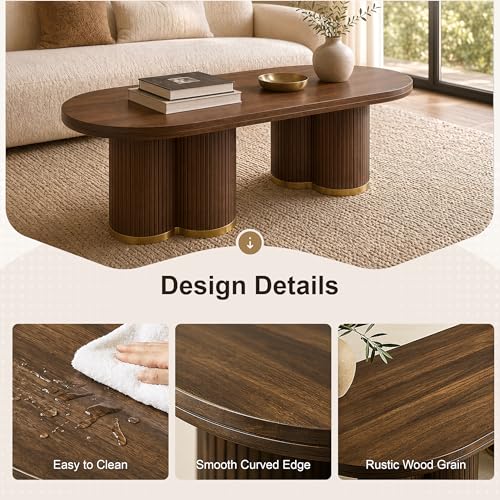 Oval Fluted Coffee Tables for Living Room, 47" Wood Coffee Table,Walnut - color: Walnut