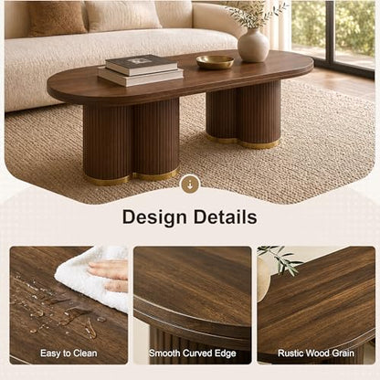 Oval Fluted Coffee Tables for Living Room, 47" Wood Coffee Table,Walnut - color: Walnut