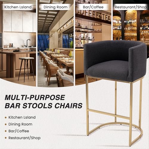 HNY Modern Barrel Counter Height Clearance Bar Stools Set of 2, 32 Inch Linen Kitchen Barstools with Back for Island, with Gold Metal Tubular Frame, Charcoal - color: 32inch Charcoal,gold Base
