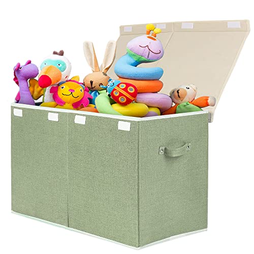 Large Toy Box Chest Storage with Lid, Collapsible Kids Toy Storage Box Bin | Toy Chest with Rivets Handles for Kids, Boys, Girls, Nursery, Playroom, Living Room, Bedroom, 25"x 13" x 16" (Linen Green) - color: Large Green