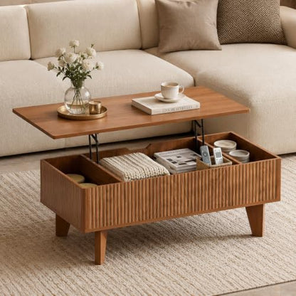 Rectangular Lift Top Coffee Table with Storage, 41.5" Mid Century Modern Living Room Center Table, Wood Fluted Coffee Table for Home Office, Walnut - color: Walnut-rectangle