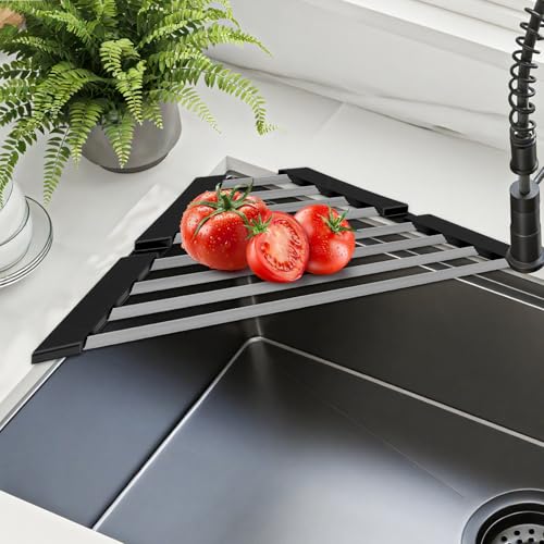 Small Triangle Foldable Dish Drying Rack with Silicone Ends for Sink Corner | Sink Cover, 304 stainless steel, Space-Saving, Over-the-Sink Drainer, on the counter, Easy Cleaning, Rustproof,All-in-one