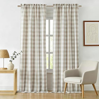 Beige White Buffalo Plaid Semi Sheer Curtains 84 Inches Long | Natural Buffalo Check Pattern Drapes,Neutral Farmhouse Window Treatment Bedroom Living Room,Rod Pocket,52"Wx84"L(Pack of 2) - color: Beige/White, size: 52"W x 84"L (Pack of 2)