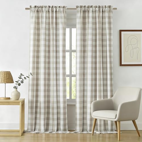 95 Inch Beige White Buffalo Plaid Semi Sheer Curtains Rod Pocket | Floor Length Light Filtering Panels for Sliding Door Tall Window,Warm Neutral Tone Living Room Décor,52"Wx95"L(Pack of 2) - color: Beige/White, size: 52"W x 95"L (Pack of 2)