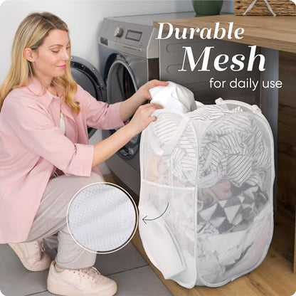 Handy Laundry Pop Up Laundry Hamper 71L Sturdy Collapsible Mesh (White) | Collapsible Mesh Pop Up Hamper, Wide Opening, Side Pocket, Breathable, Sturdy, Foldable, Space-Saving for Clothes Storage - color: White