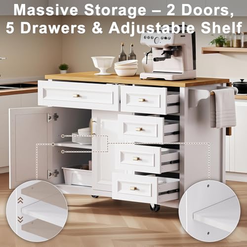 52" Kitchen Island with Storage, Wheels & Drop Leaf, Adjustable Shelf | Oak Top, White Retro Kitchen Cart on Casters, 2 Cabinets, 5 Drawers, Spice Rack, Towel Bar, Durable, Easy Assembly - color: White
