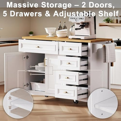 52" Kitchen Island with Storage, Wheels & Drop Leaf, Adjustable Shelf | Oak Top, White Retro Kitchen Cart on Casters, 2 Cabinets, 5 Drawers, Spice Rack, Towel Bar, Durable, Easy Assembly - color: White
