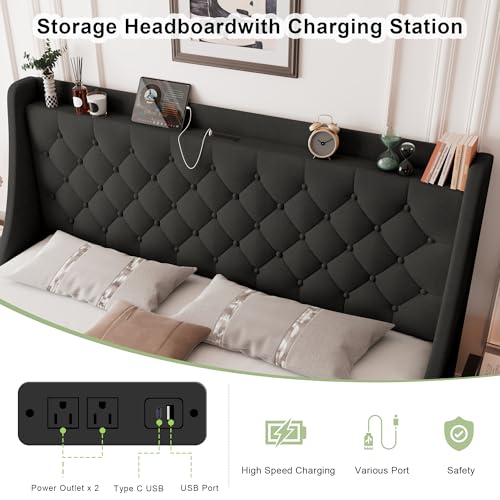 Feonase Upholstered King Size Bed Frame with 4 Storage Drawers, Large Wingback Headboard, No Box Spring Needed, Black - color: Black, size: King