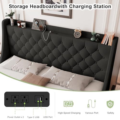 Feonase Upholstered King Size Bed Frame with 4 Storage Drawers, Large Wingback Headboard, No Box Spring Needed, Black - color: Black, size: King