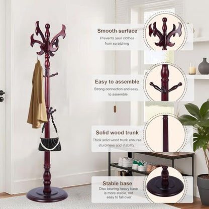Wooden Coat Rack Freestanding with 14 Hooks, Adjustable Height Coat Tree Free Standing Heavy Duty for Entryway, Easy Assembly Solid Wood Sturdy Coat Hats Hanger Stand for Office Hallway Bedroom - color: Redwood-Solid Wood Hook B