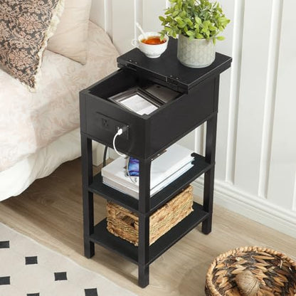 HOOBRO End Table with Charging Station, Flip Top Side Table with USB Ports, Narrow Nightstand Bedside Tables with Storage Shelves, for Small Space, Living Room, Black BK141UBZ01 - color: Black