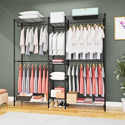 Heavy Duty Clothes Rack for Hanging Clothes, Metal Garment Rack，Large Capacity Portable Clothing Rack，Freestanding Open Wardrobe Organizer Rack, 67.0"L x 13.8"W x 75.6"H Max Load 720LBS, Black