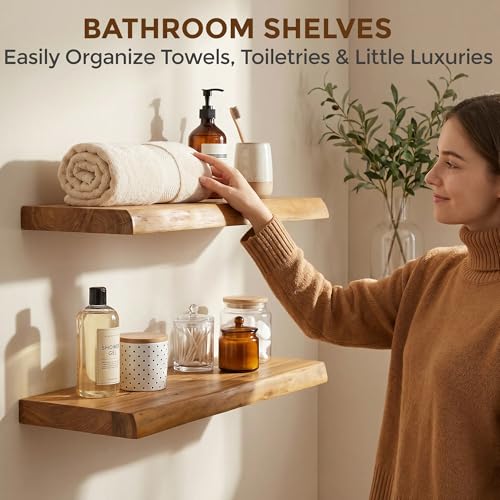 Dreamland Floating Shelves 24 Inch Long, Rustic Solid Elm Wood Live Edge Floating Shelf Wall Mounted, Wall Shelves Set of 2 with Invisible Bracket for Living Room Bathroom Kitchen, Natural - color: Natural, size: Live Edge - 24"L