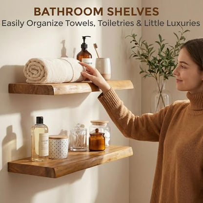 Dreamland Floating Shelves 24 Inch Long, Rustic Solid Elm Wood Live Edge Floating Shelf Wall Mounted, Wall Shelves Set of 2 with Invisible Bracket for Living Room Bathroom Kitchen, Natural - color: Natural, size: Live Edge - 24"L