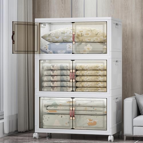 Stackable Storage Bins, 525QT Collapsible Drawers with 1 Lid | Large Capacity, Magnetic Door, Stack Lock, Rolling Wheels, Foldable Design, Organizers and Storage for Bedroom Dorm Garage - color: White-175QT, size: 3Pack with 1 top lid