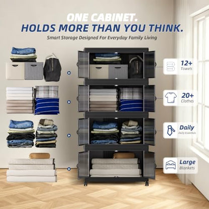 SAILUN 116Gal/464Qt Stackable Storage Bins Folding Collapsible Storage Bins with a Lid, Closet Organizers and Storage,Black 26" W x 17" D x 56.7" H | Stackable Storage Drawers with Lids,26" W x 17" D x 56.7" H,Featuring open-front Access for Clothes and C