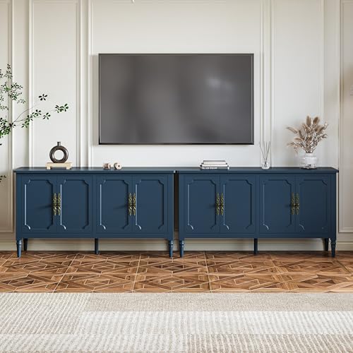 RoyalCraft 118" Buffet Cabinet with Storage, Vintage Sideboard with Adjustable Shelves, Mid Century Modern Painted Credenza Coffee Bar for Kitchen, Dining Room, Entryway, Living Room, Navy Blue - color: Navy Blue, size: 2 Pieces
