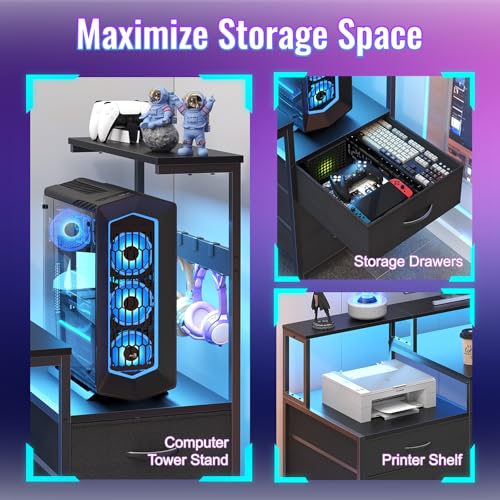 63" Gaming Desk with Drawers, Storage Shelves and Printer Stand | Balck Computer Desk with Monitor Stand and LED Lights, Reversible Home Office Desk with Printer Shelf - color: Black