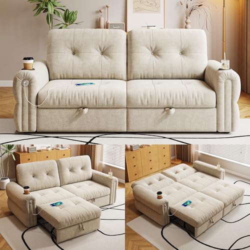 80.4" Queen Sleeper Sofa Bed, 3 in 1 Convertible Pull Out Couch with USB Ports & Cup Holders, Modern Chenille Loveseat Sofabed with Adjustable Backrest for Living Room, Bedroom, Apartment - color: Beige, style: Sofabed w/USB &Cup Holders