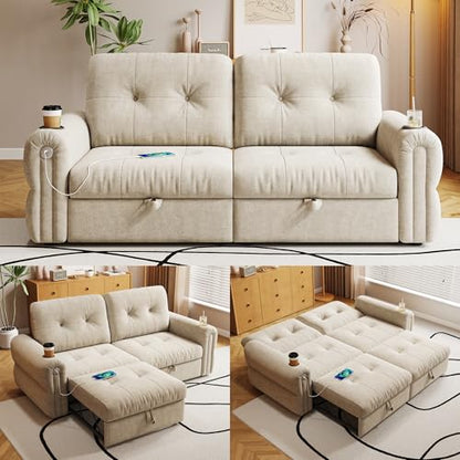 80.4" Queen Sleeper Sofa Bed, 3 in 1 Convertible Pull Out Couch with USB Ports & Cup Holders, Modern Chenille Loveseat Sofabed with Adjustable Backrest for Living Room, Bedroom, Apartment - color: Beige, style: Sofabed w/USB &Cup Holders