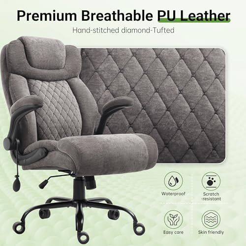 Office Chair, Big and Tall Executive Chair with Air-Lumbar Support, Breathable Desk Computer Chair with Adjustable Flip-up Armrests, Wide Cushion Seat Swivel Home Office Chair - color: Grey