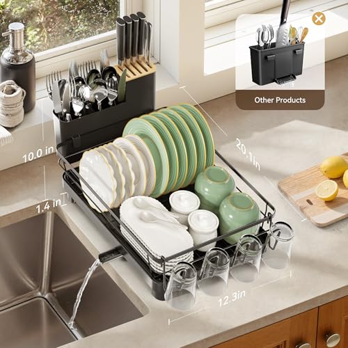 Runnatal Dish Drying Rack with Drainboard for Kitchen Counter and Sink | Large Dish Rack Rustproof Dish Drainer with Detachable 2-in-1 Utensil Holder, Extra Cup Holder, Black - color: Black, size: Standard