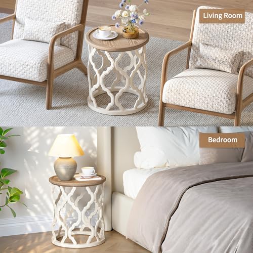 karlott Farmhouse End Table, French Country Tray Round Side Table, Beige | Curved Motif Frame Base With Distressed Tray Top, Boho Accent Table Ideal, End Tables for Living Room, Small Space, Bedroom - size: Tray End Table 18.5 Inches