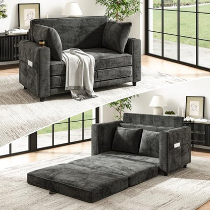 51" Loveseat Convertible Sofa Bed with Cup Holder, Small Couch 2 in 1 Pull Out Sleeper Couch, Floor Folding Couch Sofa with Two Pillows for Apartment, Living Room, Dorm (Grey) - color: Grey