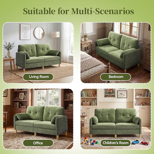 Mid Century Modern Couch, 65" Loveseat Sofa, Green | Storage Pockets, Upholstered Small Loveseat for Small Spaces, Bedroom, Home Office, Apartments - color: Green