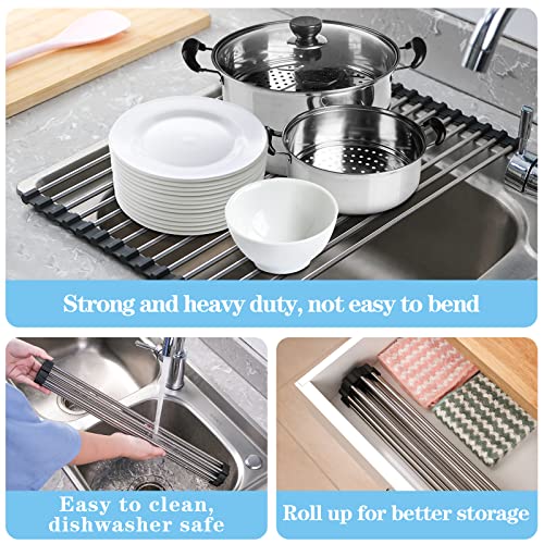 Seropy Roll Up Dish Drying Rack Over The Sink for Kitchen Sink Drying Rack Folding Dish Drainer Mat Rolling Dish Rack Sink Rack Stainless Steel Kitchen Dry Rack Black 17.5x15.7 Inch - color: Black, size: 17.5 x 15.7 in