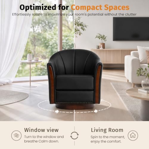 360° Swivel Accent Chair, Faux Leather Swivel Barrel Chairs | Nailhead Trim & Wood Base, Round Armchair Club Chair, Modern Reading Chairs for Living Room (BX01, Wood Black) - color: Wood Black