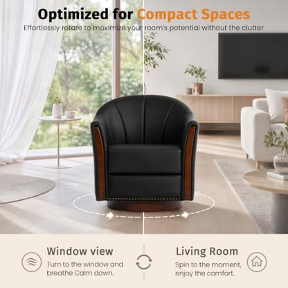360° Swivel Accent Chair, Faux Leather Swivel Barrel Chairs | Nailhead Trim & Wood Base, Round Armchair Club Chair, Modern Reading Chairs for Living Room (BX01, Wood Black) - color: Wood Black