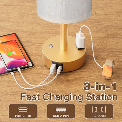 Gold Touch Bedside Lamp for Bedroom, Stepless Dimmable, USB A+C, AC Outlet | Base Touch Button Only, Memory Brightness, Ultra-dim Night Light, Included Bulb for Optimal Dimming, Cream Fabric Shade, Desk - color: Beige & Gold