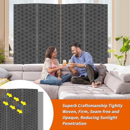 BLKMTY Room Divider, 6ft Folding Privacy Screens, Wall Divider Portable Room Seperating Freestanding Wood Screen, 4 Panels Hand-Woven Design Screen Double Hinged Dividers for Bedroom, Gray - color: Grey