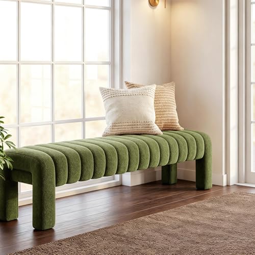 63” Dining Room Bench, Green Tufted Upholstered End of Bed Bench, Modern Entryway Ottoman Window Seat with Solid Wood Legs and Padded Seat for Bedroom, Hallway and Living Room (Boucle) - color: Green Boucle, size: 63"