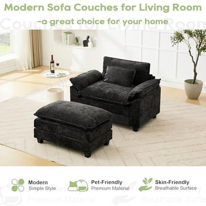 53" Modular Sectional Sofa, Comfy Deep Cloud Couch with Ottoman | Couches for Living Room, Sofa Bed, Modular Couch, Deep and Wide Seat, Chenille Sofa Sleeper with Throw Pillows, Black - color: Black, size: 53 Inch 2
