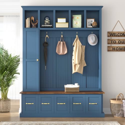 Farmhouse Hall Tree with Storage Cabinet & Shoe Bench, Navy Blue | 78.7'' Tall Entryway Organizer with 1 Door, 5 Overhead Display Cubbies & 5 Coat Hooks for Hallway Living Room Mudroom - color: Navy Blue, size: 59.2''D x 15.7''D x 78.7''H