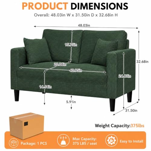 48 "Loveseat Couches,Small Love Seat Sofa with Pillows for Small Spaces,Comfy Corduroy Sofas w/ Wood Frame,Tool-Free Setup Compact Futon Couch for Apartment,Dorm,Office,Settee (Dark Green, 2-Seater) - color: Dark Green, size: 2-Seater