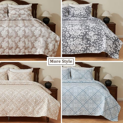 EVENHUG 100% Cotton Quilt Set Queen Size Bedding Sets with Pillow Shams Breathable Lightweight Bedspreads Coverlet for All Season 3 Piece (92"x96") - color: Beige Damask, size: Queen