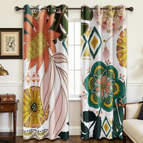 Tyrot Boho Floral 100% Blackout Curtains for Living Room 96 inch Long 2 Panels Mid Century Botanical Black Out Curtains for Bedroom Grommet Thermal Insulated Room Darkening Window Drapes,52Wx96L | Botanical, Thermal Insulated, Heat Blocking, Light Blockin