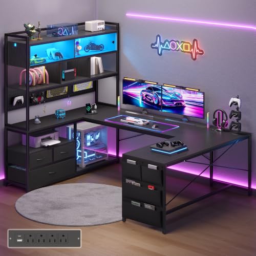 busyeah U-Shaped Gaming Desk with Storage Shelves & 3 Drawers, Black | Reversible Computer Desk with LED Lights & Charging Station, Gaming Desk with Hutch and Pegboard for Home Office, Gamers - color: Black