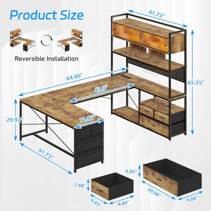 busyeah U-Shaped Gaming Desk with Storage Shelves & 3 Drawers, Rustic Brown | Reversible Computer Desk with LED Lights & Charging Station, Gaming Desk with Hutch and Pegboard for Home Office, Gamers - color: Rustic Brown