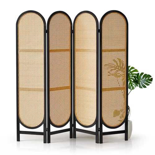 4 Panel Room Divider, Hand-Woven Rattan Room Divider Screen, Folding Privacy Screens with Double Hinges, Wooden Freestanding Wall Divider for Room Separation Bedroom Home Office - Black - color: 4 Panels Black, size: 4 Panels