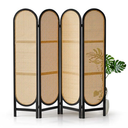 4 Panel Room Divider, Hand-Woven Rattan Room Divider Screen, Folding Privacy Screens with Double Hinges, Wooden Freestanding Wall Divider for Room Separation Bedroom Home Office - Black - color: 4 Panels Black, size: 4 Panels