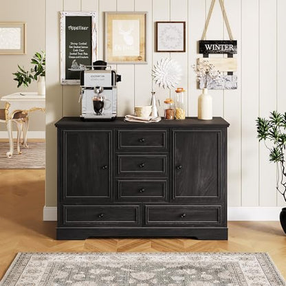 GarveeHome 47" Farmhouse Sideboard Buffet Cabinet,Sideboard Storage Credenza with 5 Drawers and 2 Doors,Wood Coffee Bar Cabinet,Buffet Table for Dining Room Living Room,Black01 - color: Black01