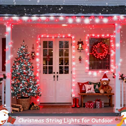 JMEXSUSS 2 Pack Red and White Battery Christmas Lights | Each 33ft 100 LED Battery Powered String Lights with Remote for Tree Patio Yard House Party Birthday Outside - color: Red&White, size: 2*100LED